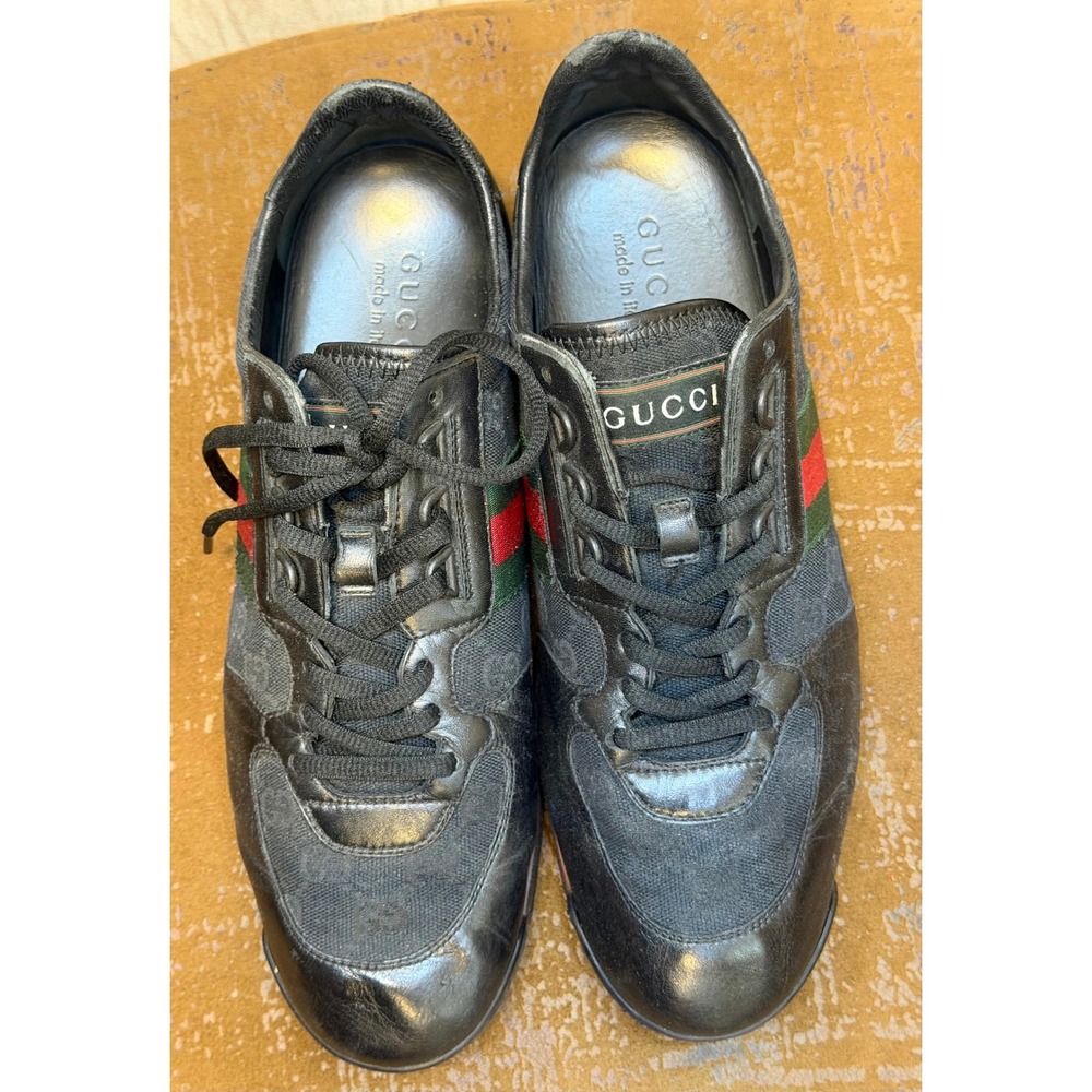 Gucci Mens 231715 GG Supreme Web Stripe Black Leather Low Top Sneakers 9.5 G